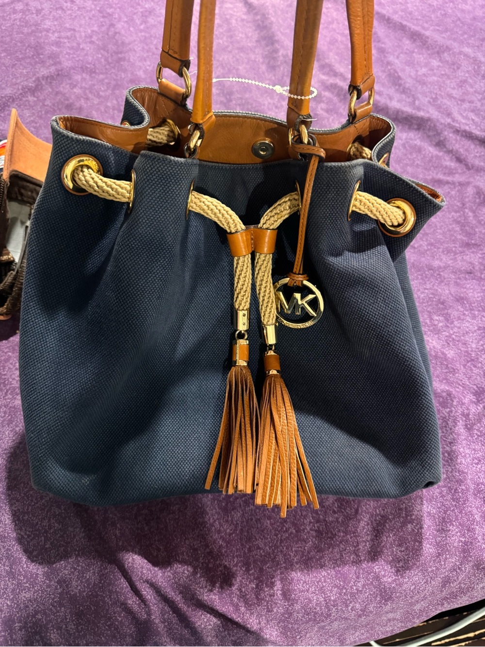 Michael Kors Navy Canvas Drawstring Shoulder Bag with Tan Leather Trim